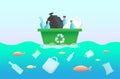 Plastic garbage bag, bottle in the ocean. Environmental design plastic garbage fishes. Stop ocean plastic pollution vector illus