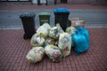 Plastic Garbage Bags and Bins on Paved Sidewalk