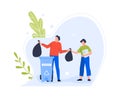 Plastic garbage bin, woman character and man trow Royalty Free Stock Photo