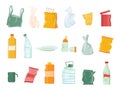 Plastic garbage pollution, bags, bottles, disposable tableware and package. Sorting junk and recycle plastic waste