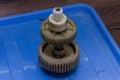 Plastic gears of a disassembled gearbox in a repair shop