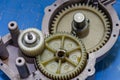 Plastic gears of a disassembled gearbox in a repair shop