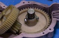 Plastic gears of a disassembled gearbox in a repair shop