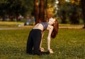 Plastic girl doing yoga. Health care.