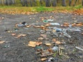 Plastic and glass in the forest, in the lake, garbage in nature, ecology in danger Royalty Free Stock Photo