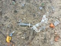 Plastic and glass in the forest, in the lake, garbage in nature, ecology in danger Royalty Free Stock Photo