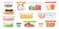 Plastic or glass lunch food storage containers set, cooked meat and fish, fresh vegetable Royalty Free Stock Photo