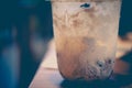 Plastic glass on wood table after drink finish