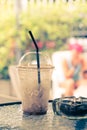 Plastic glass on wood table after drink finish