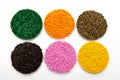 The plastic granules. Dye for polypropylene, polystyrene granules into a measuring container. Royalty Free Stock Photo