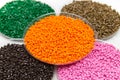 The plastic granules. Dye for polypropylene, polystyrene granules into a measuring container. Royalty Free Stock Photo