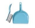 Plastic hand broom and dustpan on white background, top view Royalty Free Stock Photo