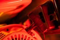 Plastic handle of a manual starter of a gas generator engine with the inscription start, in red lighting