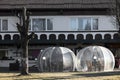 Plastic igloos on the terrace of a pub in early spring. Royalty Free Stock Photo