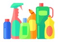 Plastic industrial detergent bottles set. Household chemicals containers plastic bottle pack Royalty Free Stock Photo