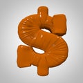 Plastic inflated deformed glossy volumetric 3d render isolated orange dollar sign on white gray square background