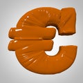 Plastic inflated deformed glossy volumetric 3d render isolated orange euro sign on white gray square background. Gold