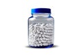 Plastic jar with capsules or tablets. drug drug. jar mockup. Pills poured out of an open jar with a vitamin. Place for logo and Royalty Free Stock Photo