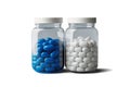 Plastic jar with capsules or tablets. drug drug. jar mockup. Pills poured out of an open jar with a vitamin. Place for logo and Royalty Free Stock Photo