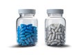 Plastic jar with capsules or tablets. drug drug. jar mockup. Pills poured out of an open jar with a vitamin. Place for logo and Royalty Free Stock Photo