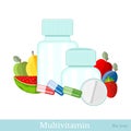 Plastic jars with fruit and different pills on white. Flat icon multivitamin