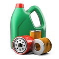 Plastic kanister with motor oil and new filters. Royalty Free Stock Photo