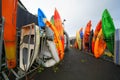 Plastic kayaks in storage yard