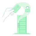 Plastic keycard and keyless lock thin line concept vector illustration