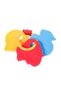 Plastic kids toys with animals character blue duck, red elephant, yellow turtle isolated on white background