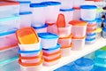 Plastic kitchen food containers in store Royalty Free Stock Photo