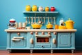 Plastic kitchen set for children. Plastic kitchen with kitchen utensils. Generated by artificial intelligence Royalty Free Stock Photo