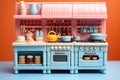 Plastic kitchen set for children. Plastic kitchen with kitchen utensils. Generated by artificial intelligence Royalty Free Stock Photo