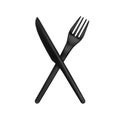 Plastic knife and fork set white background isolated closeup, disposable plastic tableware, one-off black plastic fork and knife Royalty Free Stock Photo