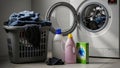 Plastic Laundry Basket Filled With Dark Clothes, Set Beside Detergent Bottles and a Running Washing Machine-(AI Generated) Royalty Free Stock Photo