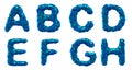 Plastic letters set A, B, C, D, E, F, G, H made of 3d render plastic shards blue color.