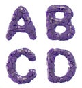 Plastic letters set A, B, C, D made of 3d render plastic shards purple color.