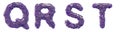 Plastic letters set Q, R, S, T made of 3d render plastic shards purple color.