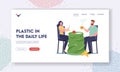 Plastic in Daily Life Landing Page Template. Characters Dining on Used Cup instead of Table with Trash around