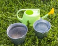 a plastic light green watering can and two metal buckets of water on the ground with green grass Royalty Free Stock Photo