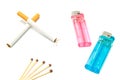 Plastic lighters, two cigarettes and matches Royalty Free Stock Photo