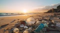 Plastic litter washed up onto the sand of the beach during sunset