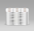 Plastic long roll toilet paper one package six roll, design on gray background