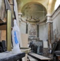 Plastic Madonna for holy water in an abandoned and deconsecrated church near Bologna, Italy. Royalty Free Stock Photo