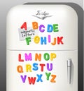 Plastic magnetic alphabet letters displayed on vintage refrigerator