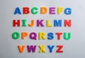 Plastic magnetic letters on grey background. Alphabetical order