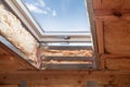 Plastic mansard or skylight window on attic with environmental