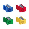 Plastic manual pencil sharpener. Red, yellow, blue, green colors. Flat style. Vector illustration. Royalty Free Stock Photo