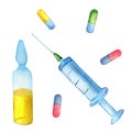 Plastic medical disposable syringe, ampoule with yellow vaccine and colored tablets. Royalty Free Stock Photo