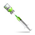 Plastic medical syringe with needle, drop and vial serum against Covid-19.