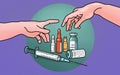 Plastic medical syringe with needle and vials, hands illustration